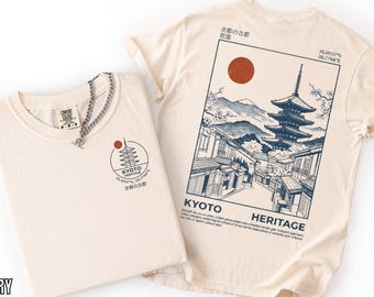 Camiseta con ilustración trasera de la pagoda del patrimonio de Kioto, Japón, con logo en la parte delantera, camiseta retro de estilo ukiyo-e japonés con paisaje urbano, camiseta vintage de algodón japonés.