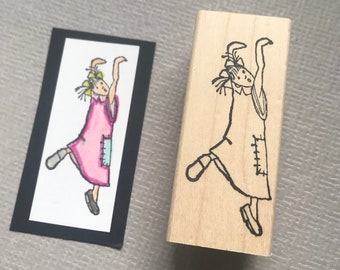 Rubber Stamp Little Lady Hanging On Wood Mounted Stamp