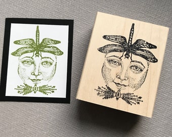 Lady Dragonfly Collage Face Wood Mounted Rubber Stamp