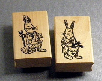 Rubber Stamp Garden Rabbit Couple Wood Mounted Rubber Stamp Set