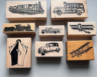 Vintage Transportation Rubber Stamps Train, Car, Fire truck, Plane or Ship Wood Mounted Rubber Stamps