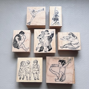 Tampons en caoutchouc Personnes, enfants en mouvement, personnages amusants, patineur sur glace, tampons en caoutchouc vintage, tampons en bois