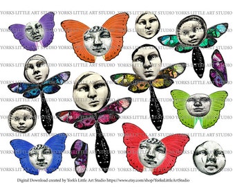 Digitaler Download von Gesichtern und Flügeln für Mixed Media Art Collage Sheet
