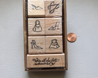 Rubber Stamp Shoes, Purse and Glasses Accessorize Vintage Wood Mounted Set from Stampendous