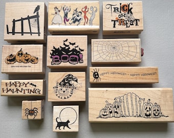 Rubber Stamps Halloween Trick or Treat, Pumpkins, Cats, Spider Web, Crow Vintage Wood Mounted Art Stamps