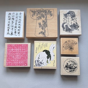 vintage sur le thème de l'Asie, geisha, éventail, lapin et mots, tampons en caoutchouc montés sur bois