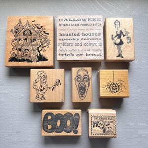 Rubber Stamps Halloween Boo, Haunted House, Ghost, Spider Vintage Wood Mounted Art Rubber Stamps