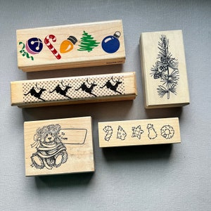 Vintage Rubber Stamps Holiday Borders and Gift Tag Wood Mounted Stamps