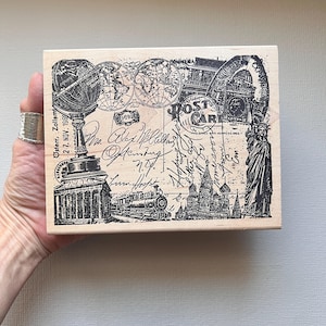 Grand timbre en caoutchouc vintage, grand format, collage sur bois, voyage postal du monde de Just for Fun