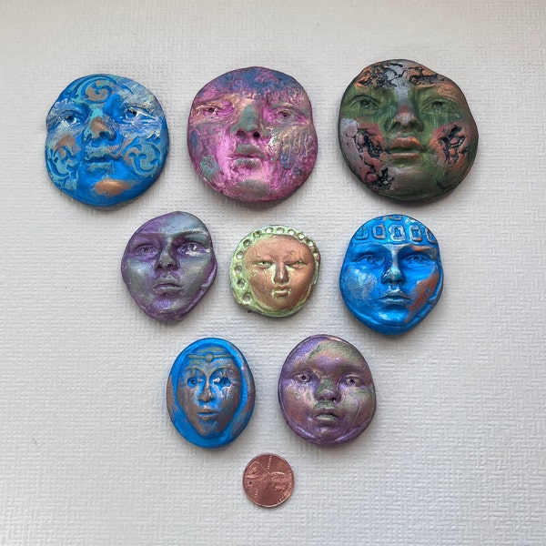 Clay Faces in Different Sizes Metallic Multi-Colored Polymer Clay Cabochons Molded Art doll Faces