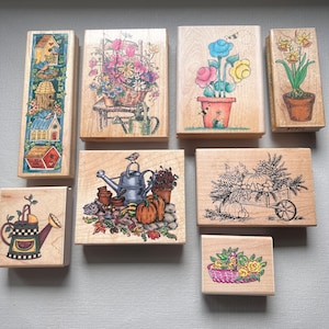 Rubber Stamps Spring Garden Theme Nature Vintage Wood Mounted Stamps