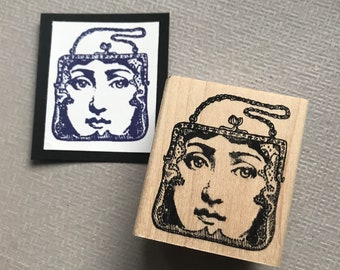 Fashion Beaded Purse and Face Collage Wood Mounted Rubber Stamp