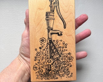 Vintage Rubber Stamp Garden Flowers Water Pump from Stampa Barbara