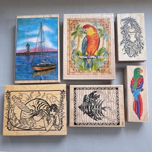 Rubber Stamp Tropical, Parrots, Sailing, Fish or Mermaid Wood Mounted Rubber Stamps
