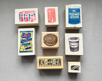 Vintage Food Rubber Stamps Soda, Coffee, and Snacks Wood Mounted Rubber Stamps