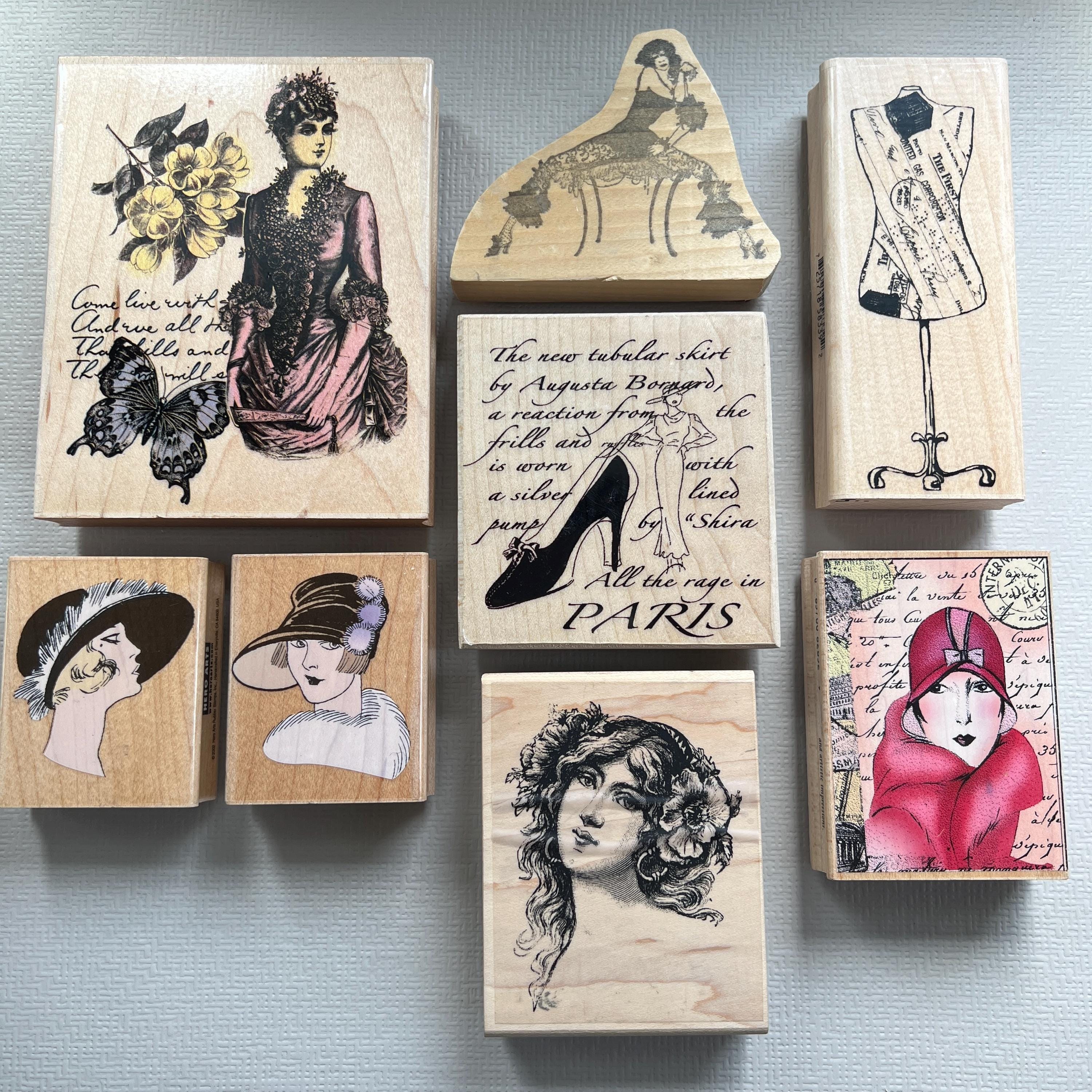 Vintage Rubber Stamp Ladies Fashion Collage Paris Travel Wood Mounted ...