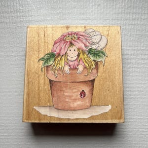 Vintage Stamps Happen Girl in The Garden Pot Wood Mounted Rubber Stamp