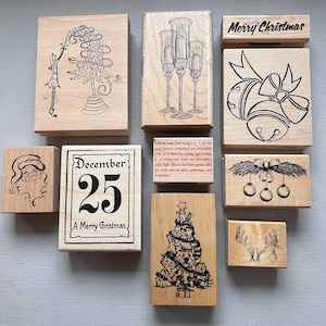 Vintage Rubber Stamps Christmas, Tree, Bells, Santa or Candles Wood Mounted Stamps