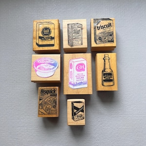 Vintage Rubber Stamps Flour, Cool Whip, Oil, Bisquick Wood Mounted Rubber Stamps