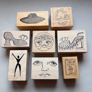 Rubber Stamp Woman, Hat, Shoes, Face RubberMoon Wood Mounted Stamps