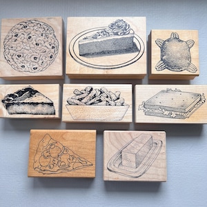 Vintage Dessert Rubber Stamps Popcorn Ball, Cheesecake, Pecan Turtle, Pies, Fries, Sandwich, Pizza or Butter Wood Mounted Stamps