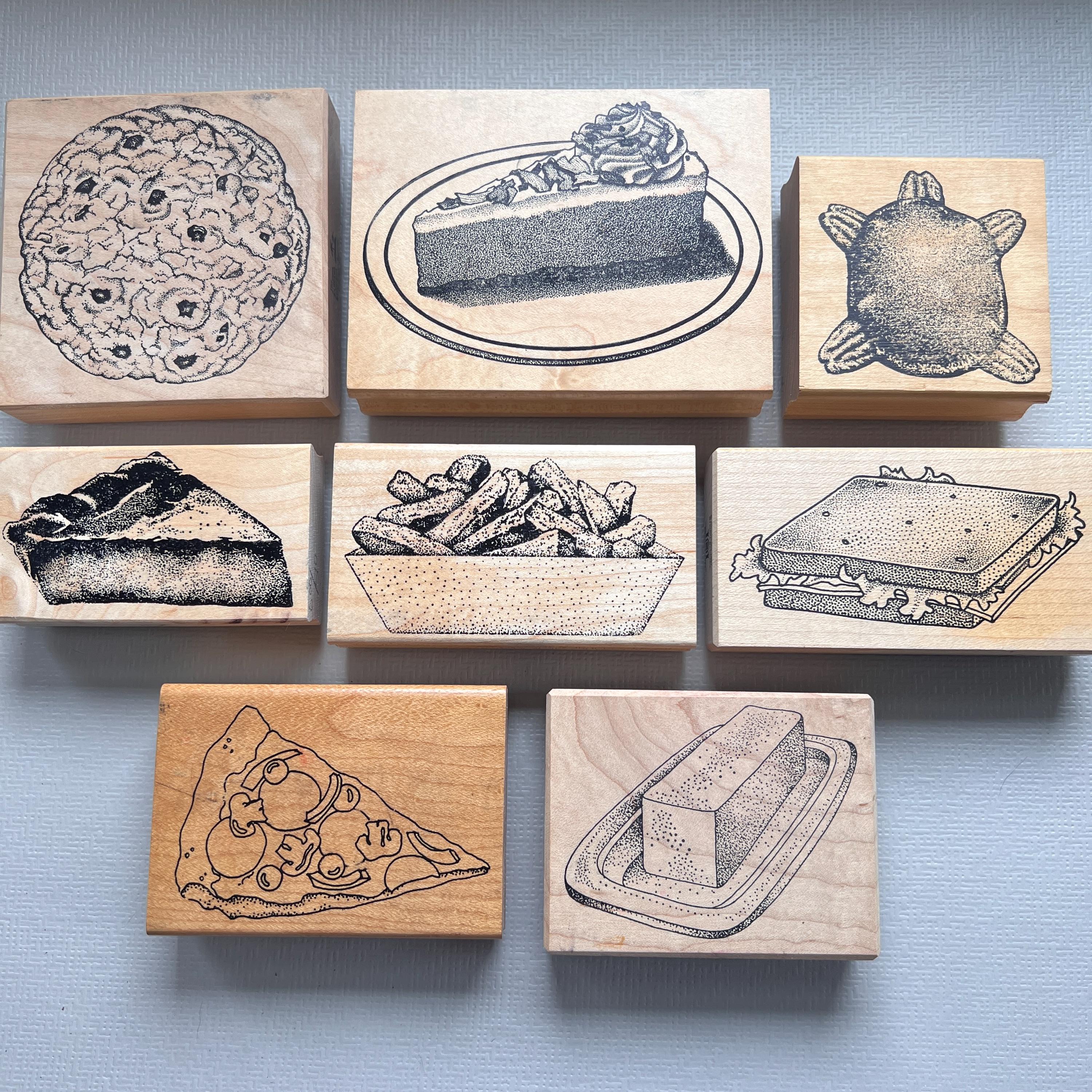 Vintage Dessert Rubber Stamps Popcorn Ball, Cheesecake, Pecan Turtle, Pies, Fries, Sandwich, Pizza or Butter Wood Mounted Stamps