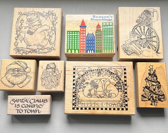 Vintage Rubber Stamps Christmas, Tree, City, Santa Wood Mounted Stamps