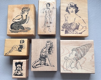 Rubber Stamp Vintage Funny Scared Characters Woman Wood Mounted Stamps