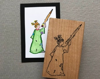 Little Lady Writing With Pencil Rubber Stamp