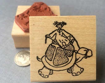 Little Lady Riding a Turtle Rubber Stamp