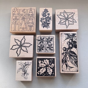 Vintage Rubber Stamps Christmas Magenta Wood Mounted Stamps