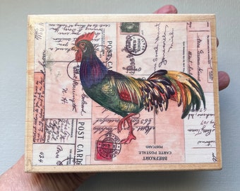 Retired Vintage Stamps Happen Rooster Postcard Collage Wood Mounted Rubber Stamp