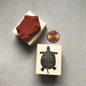 May include: Two wooden stamps with turtle designs. One stamp has a raised turtle image in reddish-brown, and the other has a black turtle illustration. A penny is next to the stamps for size comparison.