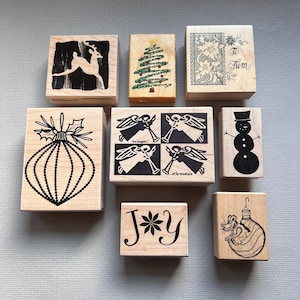 Vintage Rubber Stamps Christmas, Tree, Snowman, Angel, or Christmas Tree Wood Mounted Stamps