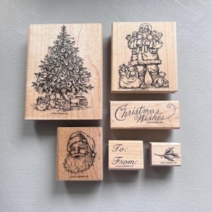 Rubber Stamp Christmas Santa, Tree and Holly Set from Stampin Up 6 Wood Mounted Stamps 2000
