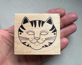 Vintage Rubber Stamp Cat Face Wood Mounted Stamp from Stampa Barbara