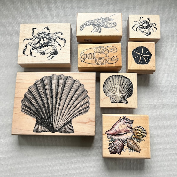 Vintage Rubber Stamp Pick Your Crab, Lobster or Seashell Wood Mounted Stamps