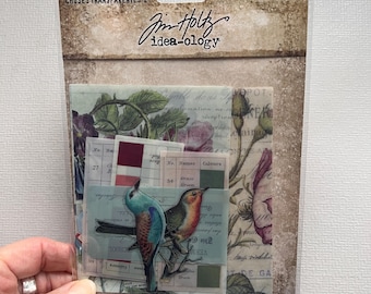 May include: A package of transparent ephemera with the text "TRANSPARENT THINGS 2" and "33 PIECES". The package contains various transparent papers with floral and bird illustrations, along with color swatches and text. The brand name "Jim Holtz idea-ology" is visible.
