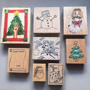 Vintage Rubber Stamps Christmas, Snowman, Angel, Santa Wood Mounted Stamps