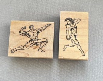 Vintage Rubber Stamp Body Builders Man and Woman Wood Mounted Stamp set