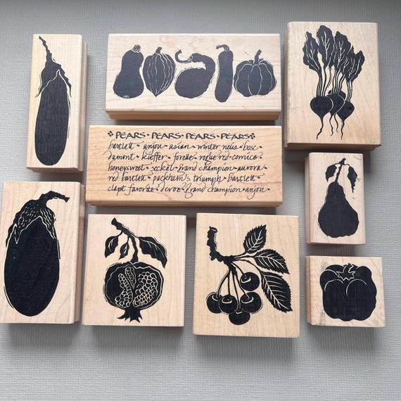 Vintage Stamp in the Hand Garden Veggie, Eggplant, or Radish, Pomegranate, Cherries, Pear or Pepper Rubber Stamp