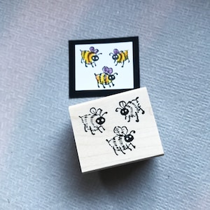 Three Small Bees Wood Mounted Rubber Stamp
