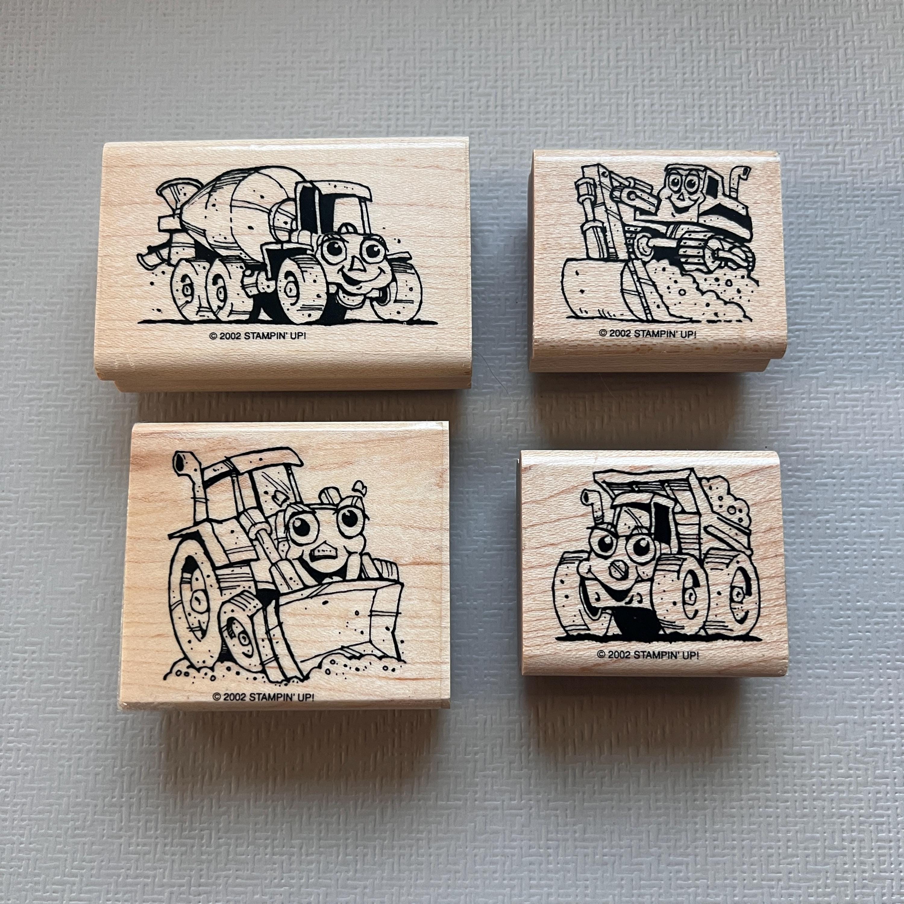Vintage Cartoon Construction Vehicles Stamp Set 4 Wood Mounted Stampin Up 2000