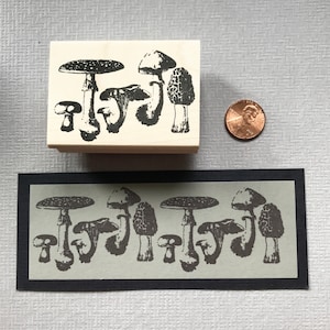 May include: A wooden block stamp with a black and white illustration of mushrooms. The stamp features a variety of mushroom shapes and sizes, including some with caps and some without. The stamp is a great way to add a touch of nature to your crafting projects.