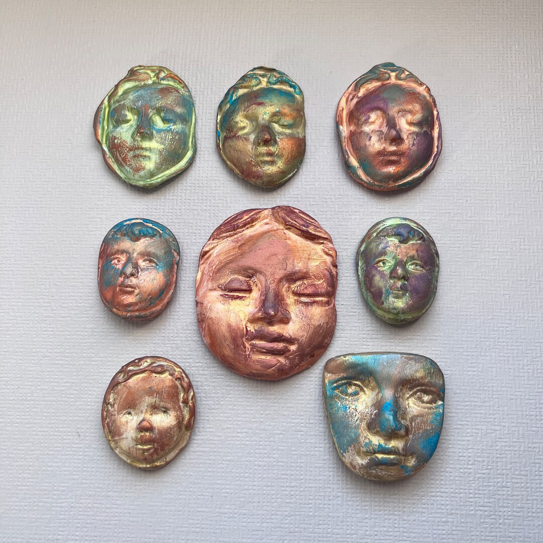 Metallic Gold Green Copper Elegant Faces Polymer Clay Cabochons Molded