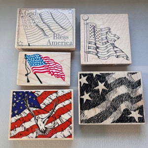 Rubber Stamps American Flag 4th July Vintage Wood Mounted Rubber Stamps