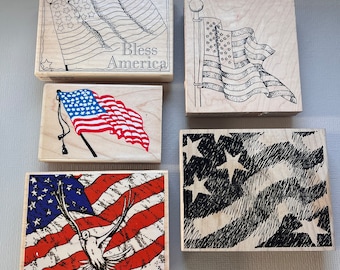 Rubber Stamps American Flag 4th July Vintage Wood Mounted Rubber Stamps