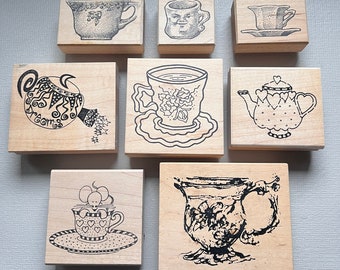Vintage Rubber Stamp Teapot or Cups or Mugs Wood Mounted Rubber Stamps
