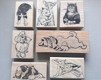 Vintage Rubber Stamp Cat or Dogs Stamps Fun Wood Mounted Stamps