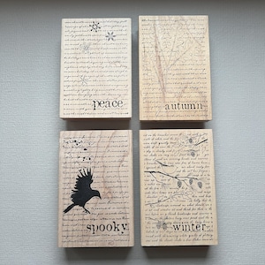 Arrière-plans de tampons en caoutchouc Paix, automne, effrayant et hiver Tampons contrecollés sur bois de Memory Box
